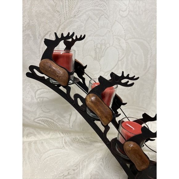 Vintage Christmas Santa Sleigh Reindeer Silhouette Metal Wood 4 Candle Holder - Picture 6 of 12